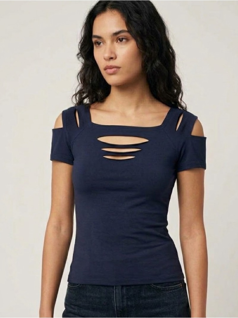 Suimiki - Women’s Navy Cold Shoulder Cutout Knit Scoop Neck Top - Size L